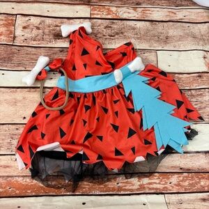 Kids Orange Pebbles Cave girl  Dino Costume Dress with Blue Sash and bow
